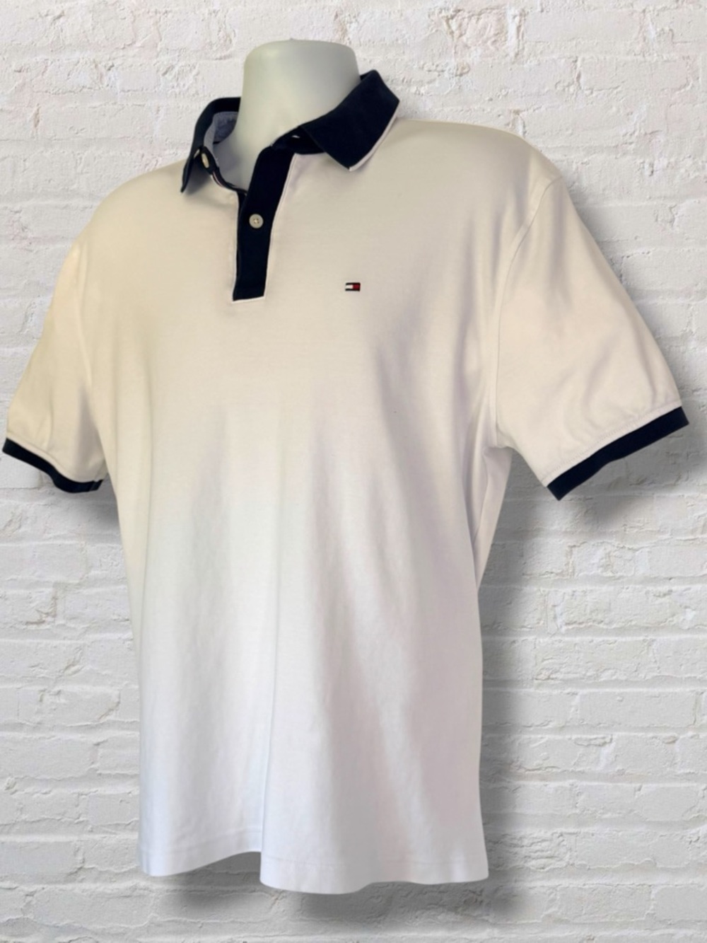 Tommy Hilfiger Polo Shirt Men Large White Classic Fit Flag Logo Short Sleeve